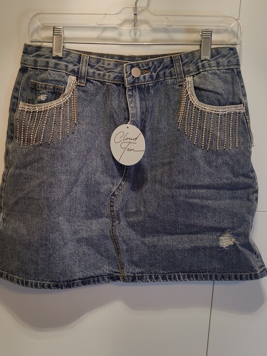 Cloud Ten Dresses & Skirts - NWT Cloud Ten Rhinestone Fringe Distressed Denim Mini Skirt L